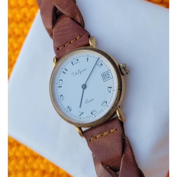 Vintage Valgines Quartz Watch Swiss Made Unisex Gold Bezel Braided Leather Strap - Picture 6 of 10